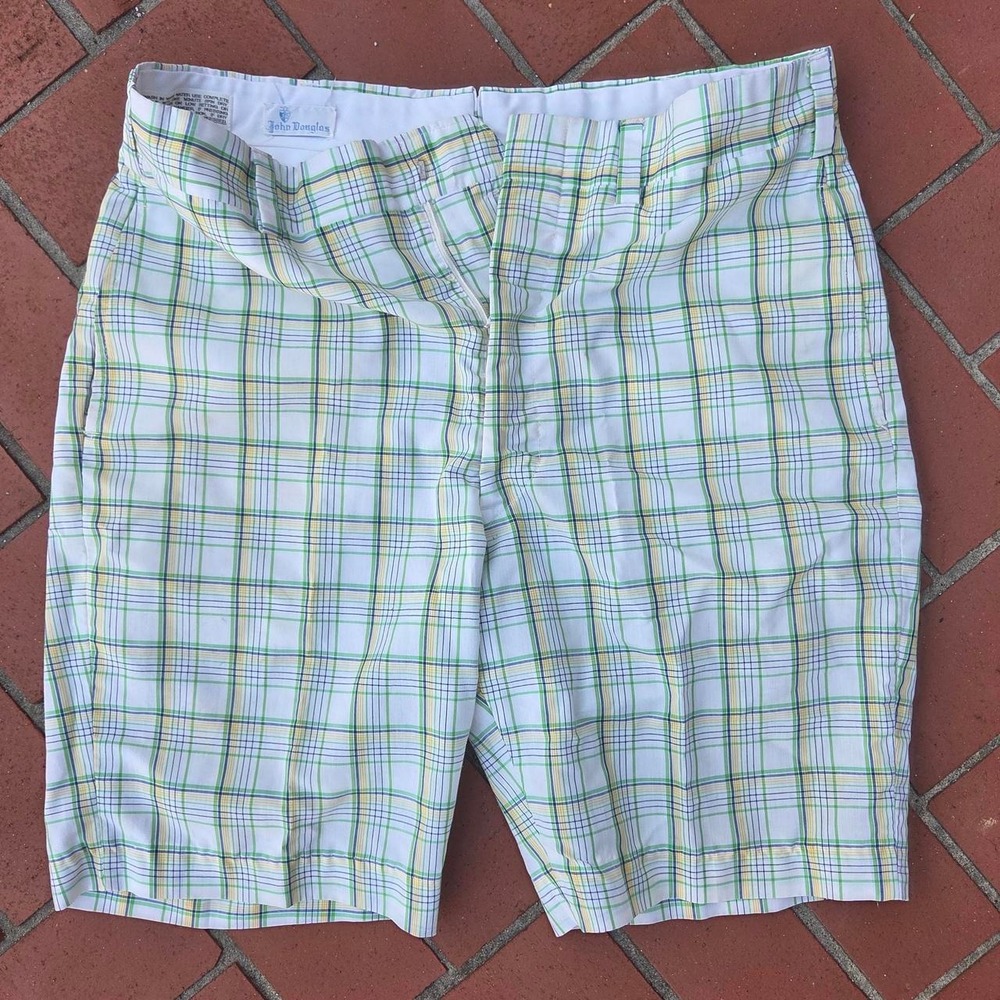 Vintage 1970s John Douglas Plaid Shorts Mens Large Green Yellow White
